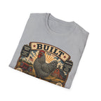 Barred Rock Rooster T-Shirt — "Built the Old Fashioned Way" Farm Vintage Tee