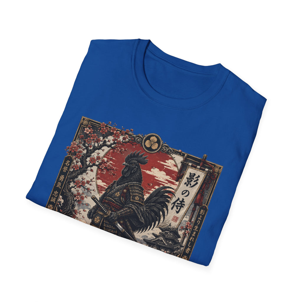 Shadow Samurai Ayam Cemani T-Shirt — Sunset Blossom Warrior Rooster Tee