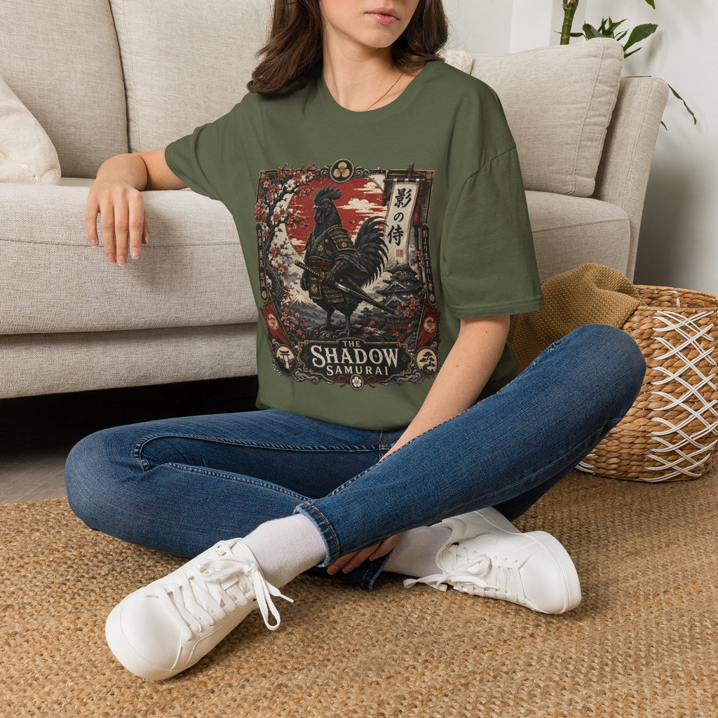 Shadow Samurai Ayam Cemani T-Shirt — Sunset Blossom Warrior Rooster Tee