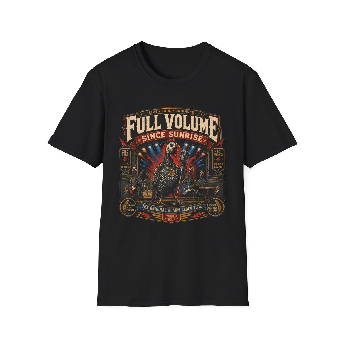 Full Volume Since Sunrise Guinea Fowl T-Shirt — Rock Concert Poultry Poster Tee
