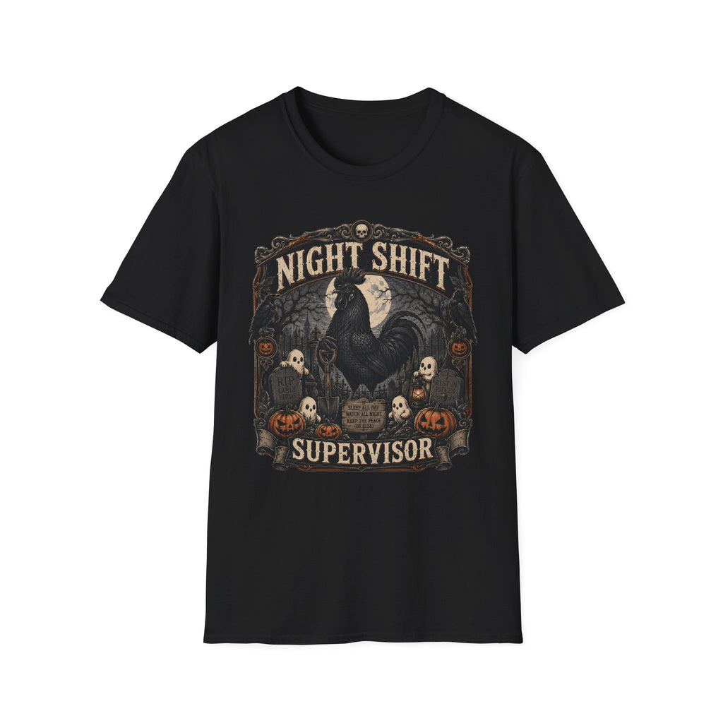 Night Shift Supervisor Ayam Cemani T-Shirt — Graveyard Rooster Graphic Tee