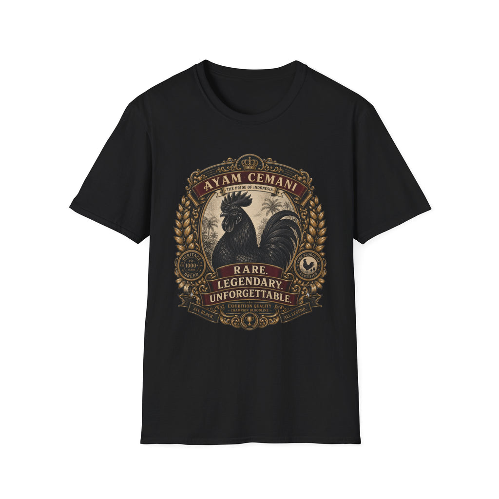 Ayam Cemani Heritage Badge T-Shirt — Rare All-Black Rooster Graphic Tee