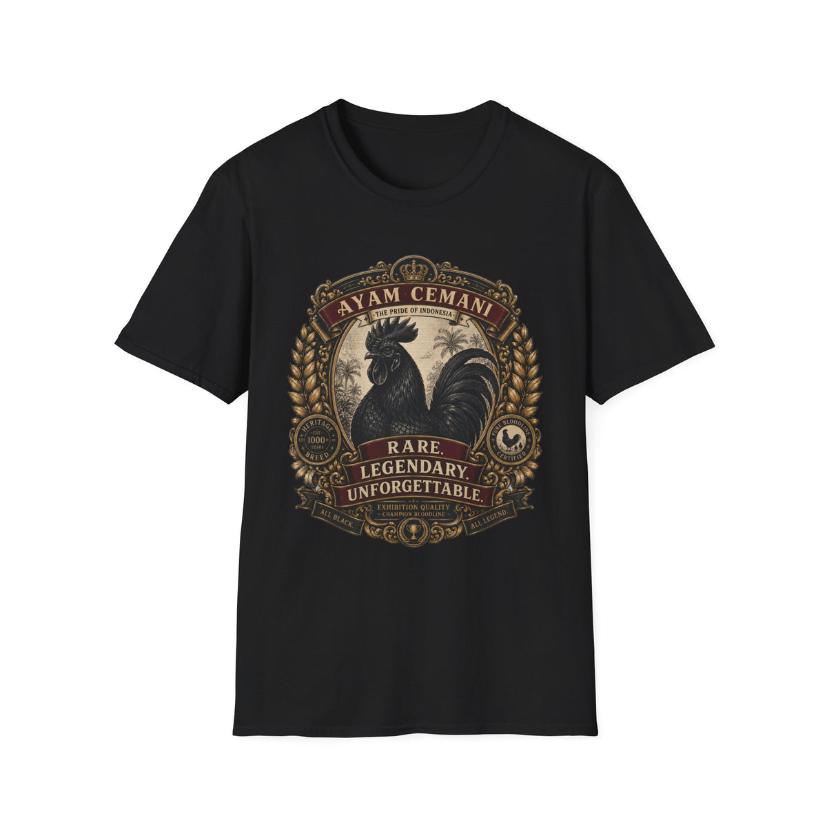 Ayam Cemani Heritage Badge T-Shirt — Rare All-Black Rooster Graphic Tee