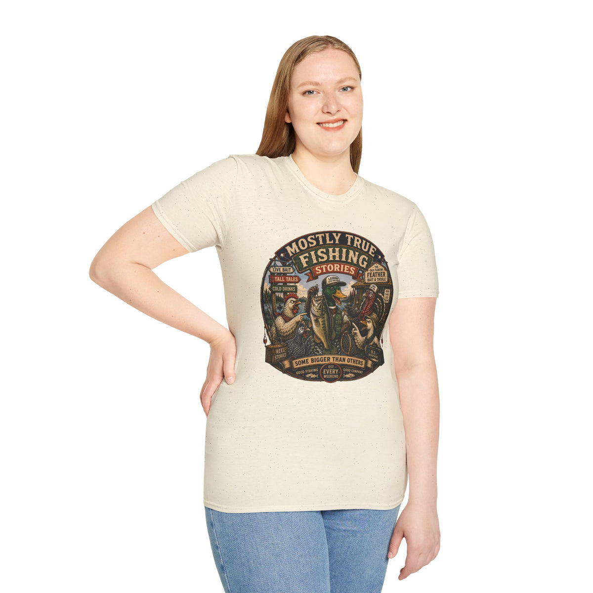 Fishing T-Shirt — "Mostly True Fishing Stories" Vintage Outdoor Tee