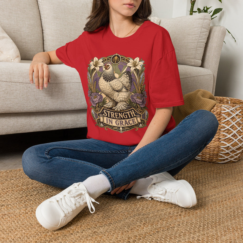 Strength in Grace Brahma Hen T-Shirt — Botanical Rooster Art Tee