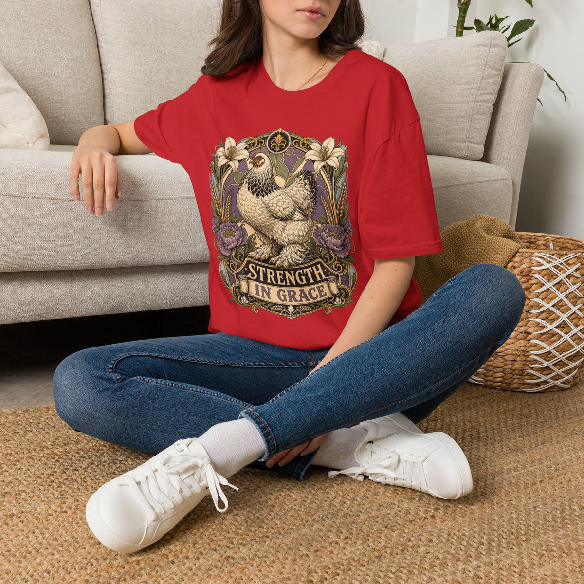 Strength in Grace Brahma Hen T-Shirt — Botanical Rooster Art Tee