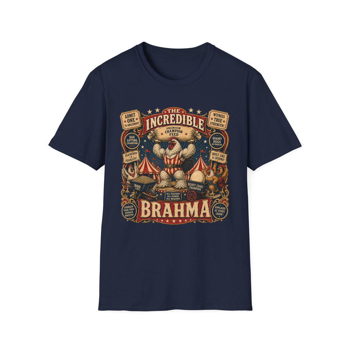 Incredible Feathered Strongman Brahma T-Shirt — Vintage Poster Rooster Tee