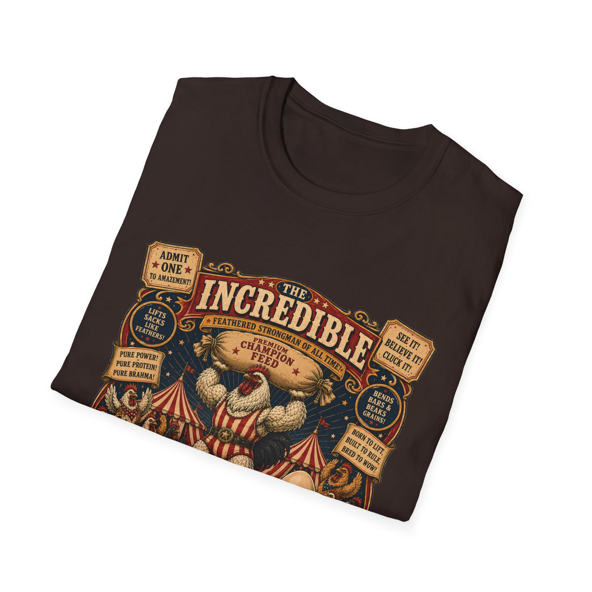 Incredible Feathered Strongman Brahma T-Shirt — Circus Poster Rooster Tee