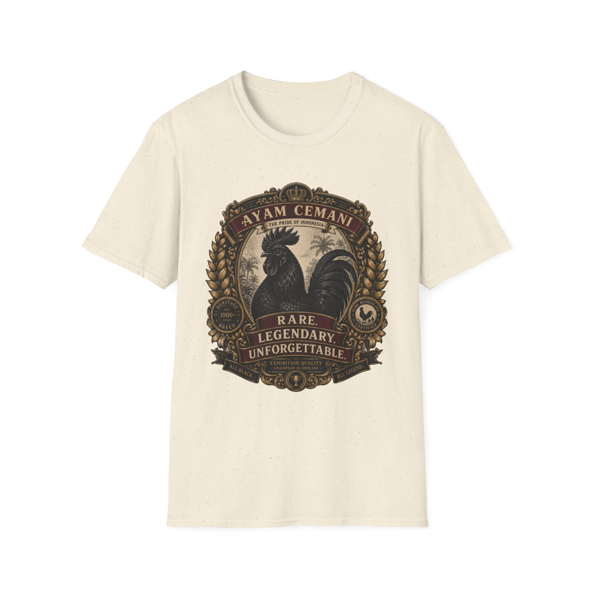 Ayam Cemani Heritage Badge T-Shirt — Rare All-Black Rooster Graphic Tee