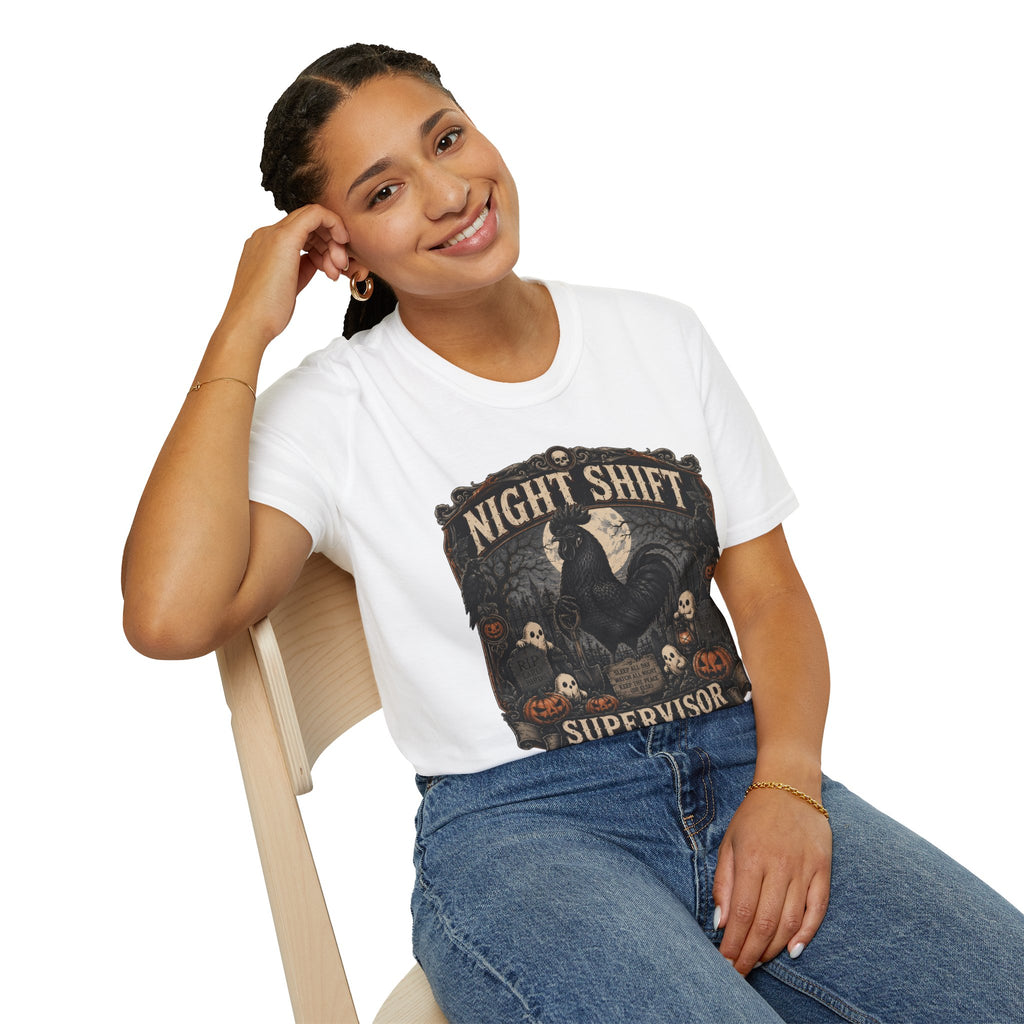 Night Shift Supervisor Ayam Cemani T-Shirt — Graveyard Rooster Graphic Tee