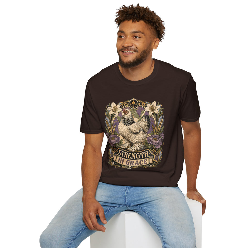 Strength in Grace Brahma Hen T-Shirt — Botanical Rooster Art Tee