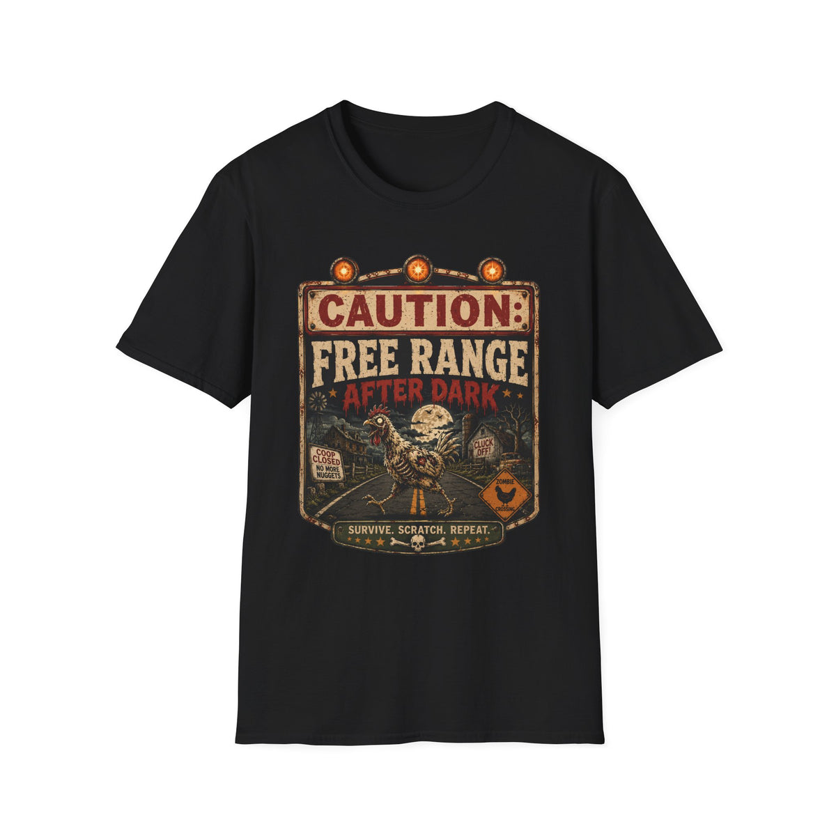 Zombie Chicken Crossing at Night T-Shirt — Spooky Halloween Poultry Tee