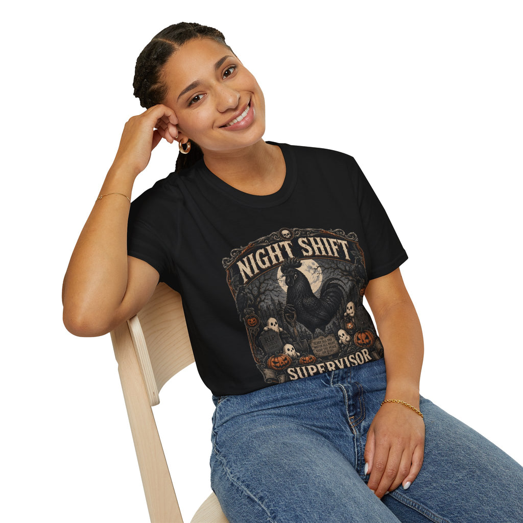 Night Shift Supervisor Ayam Cemani T-Shirt — Graveyard Rooster Graphic Tee