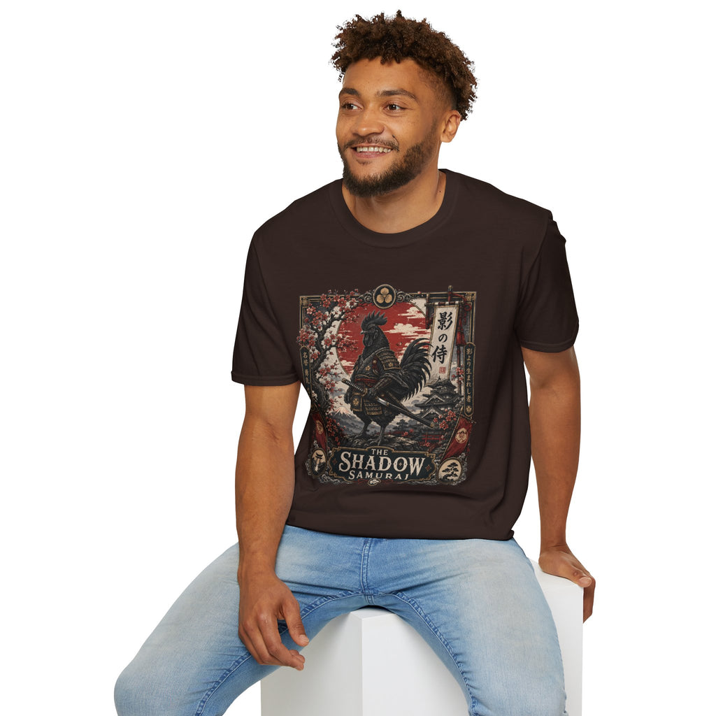 Shadow Samurai Ayam Cemani T-Shirt — Sunset Blossom Warrior Rooster Tee