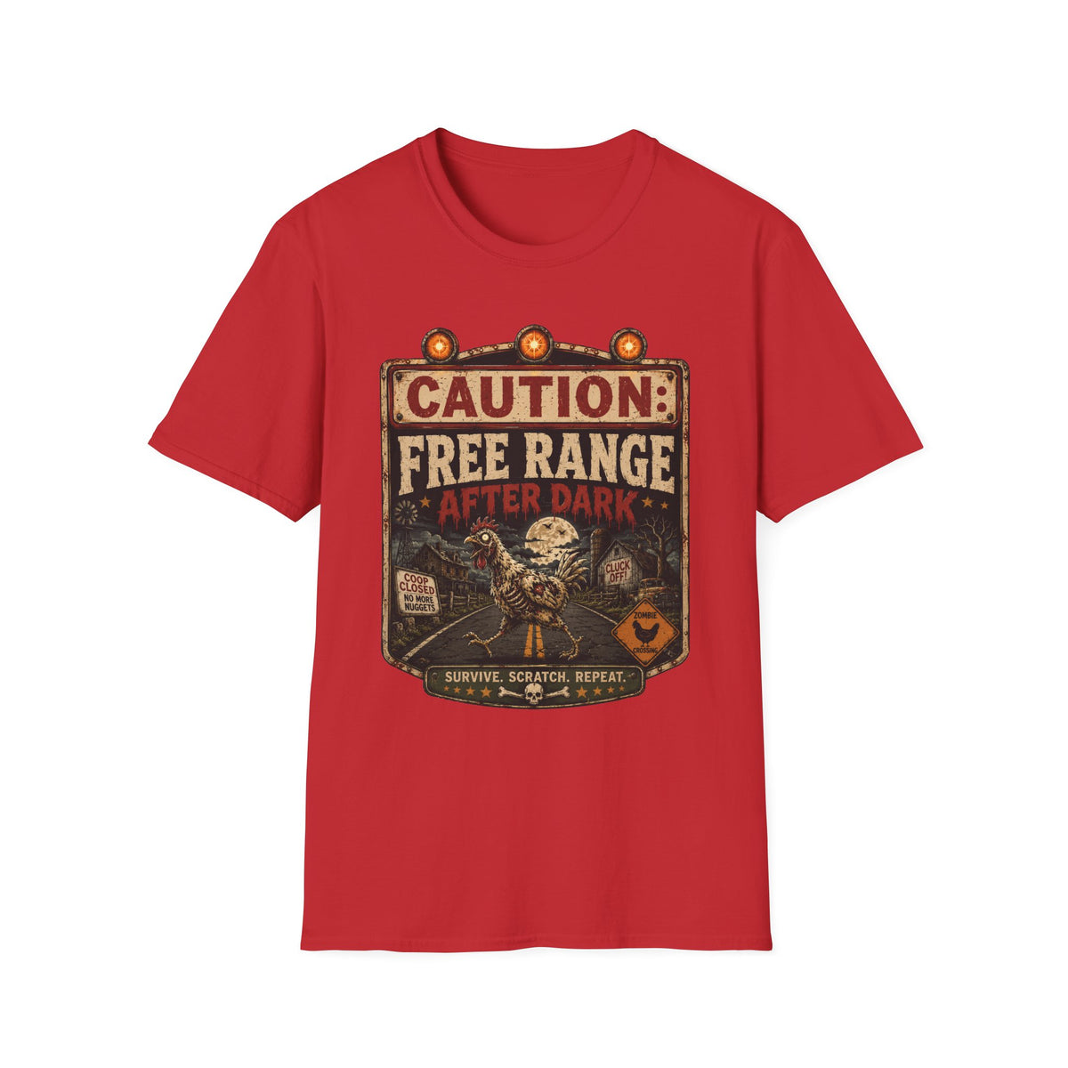 Zombie Chicken Crossing at Night T-Shirt — Spooky Halloween Poultry Tee
