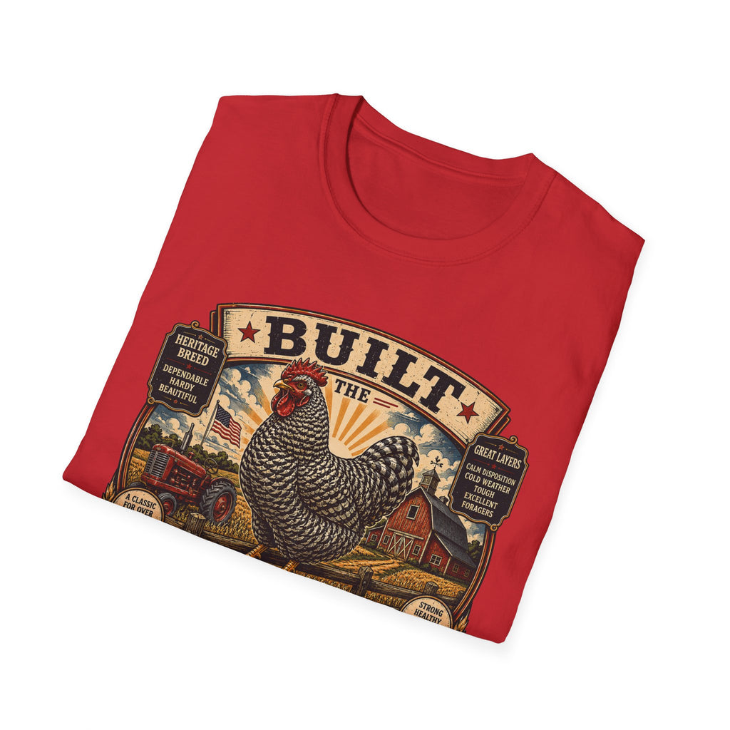 Barred Rock Rooster T-Shirt — "Built the Old Fashioned Way" Farm Vintage Tee