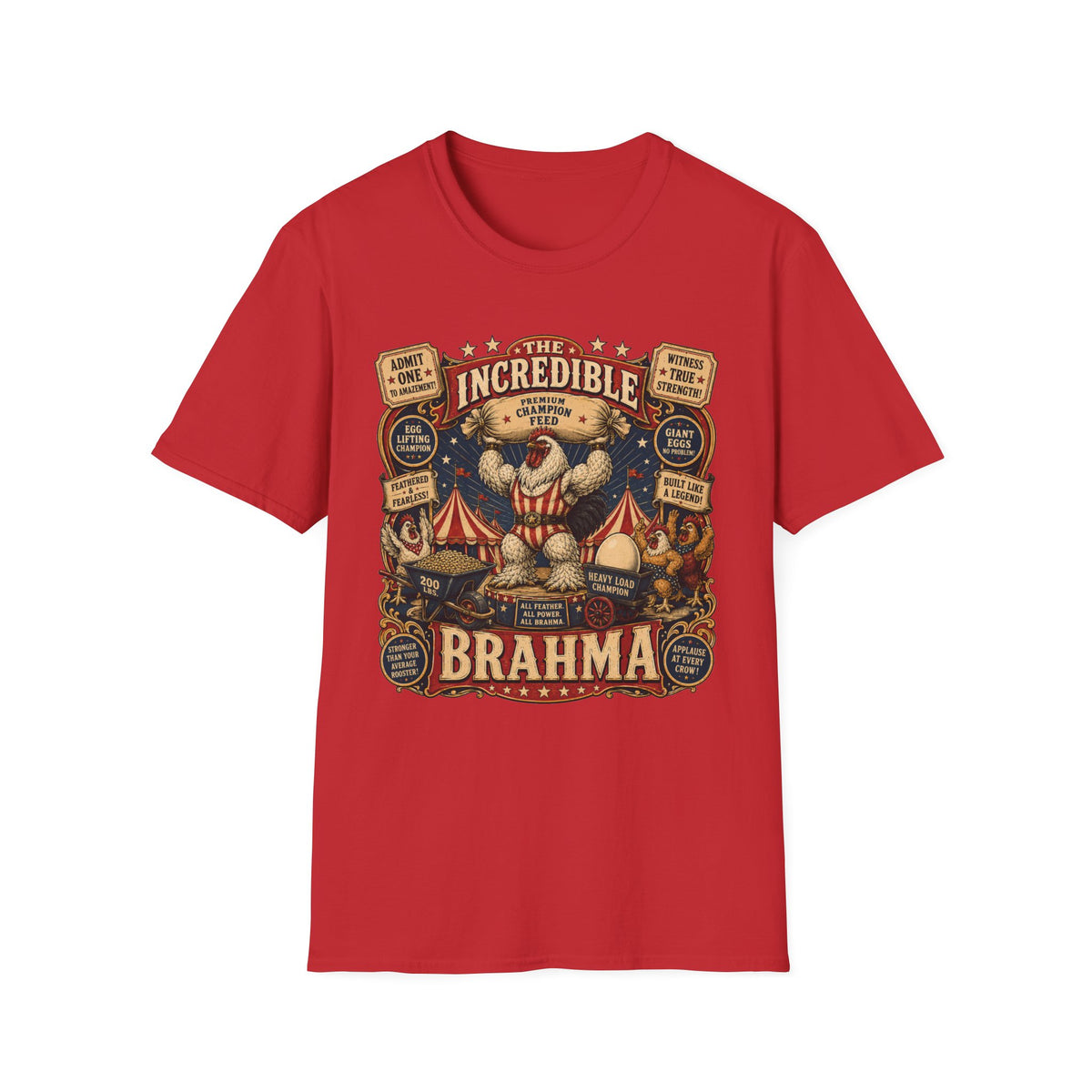 Incredible Feathered Strongman Brahma T-Shirt — Vintage Poster Rooster Tee