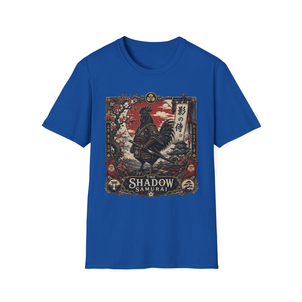 Shadow Samurai Ayam Cemani T-Shirt — Sunset Blossom Warrior Rooster Tee