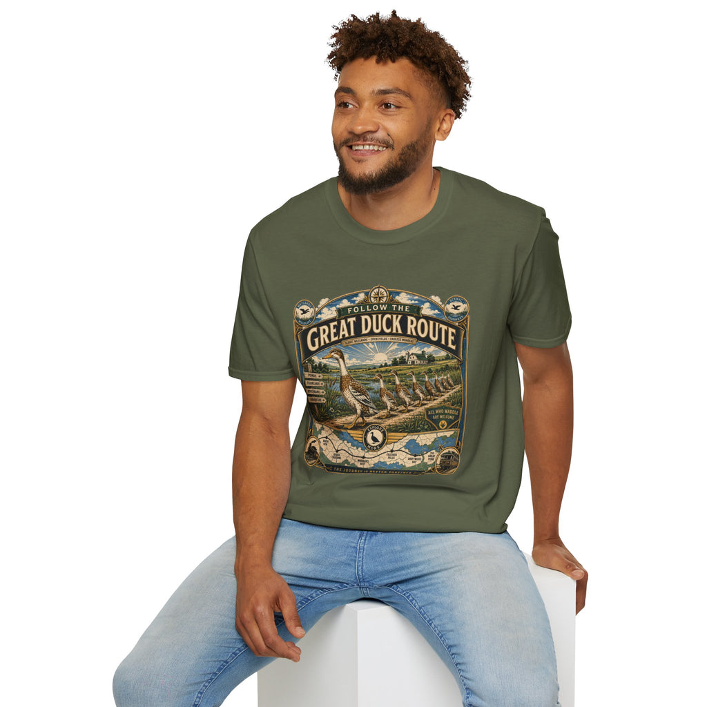 Follow the Great Duck Route T-Shirt — All Who Waddle Are Welcome Tee