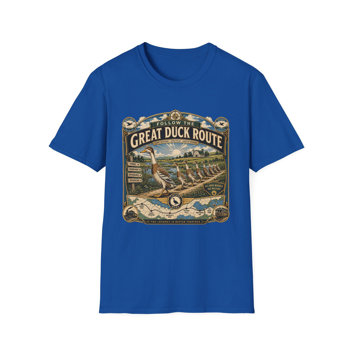 Follow the Great Duck Route T-Shirt — All Who Waddle Are Welcome Tee