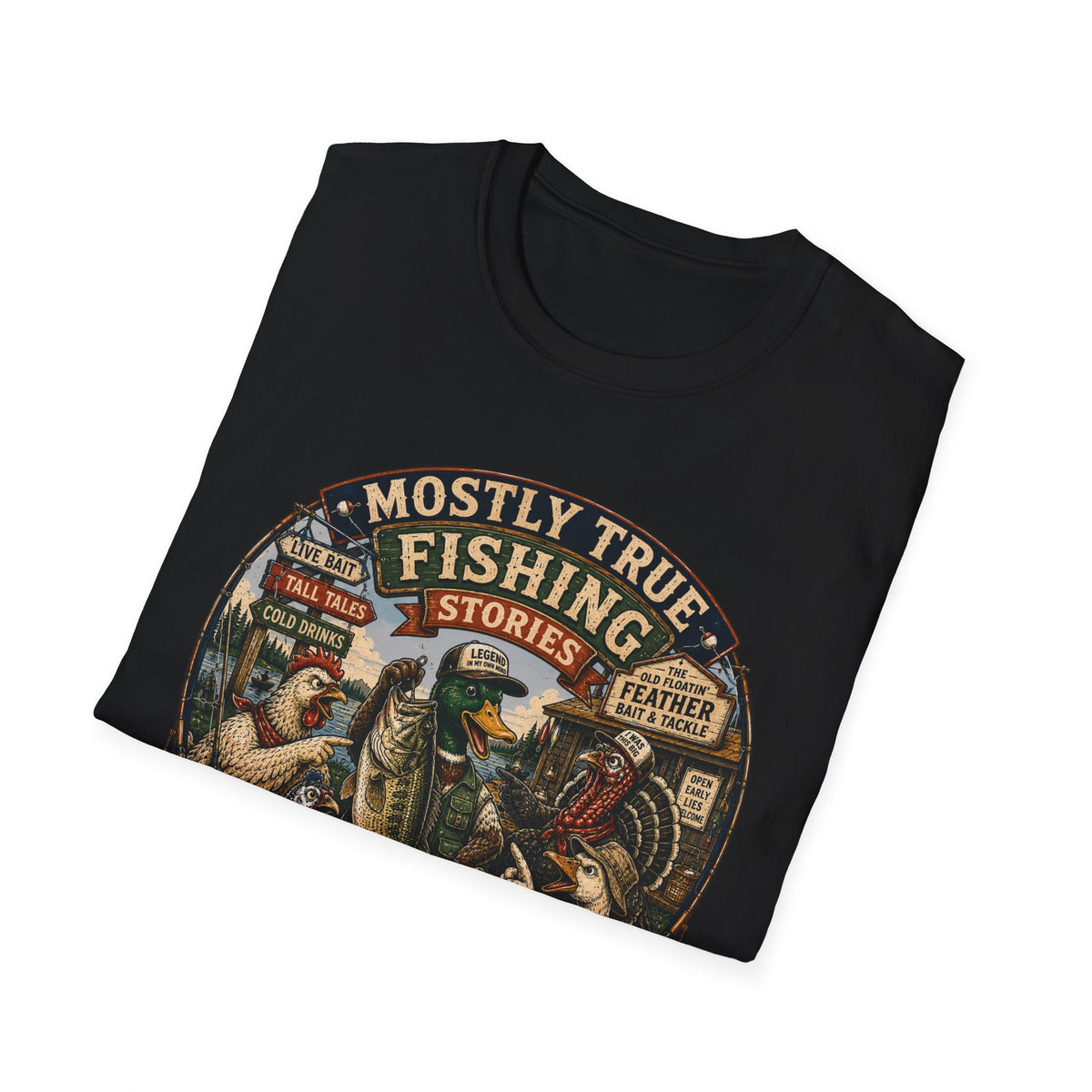 Fishing T-Shirt — "Mostly True Fishing Stories" Vintage Outdoor Tee