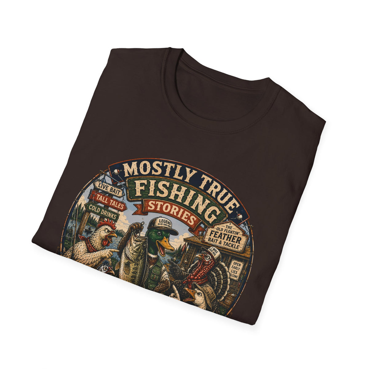 Fishing T-Shirt — "Mostly True Fishing Stories" Vintage Outdoor Tee