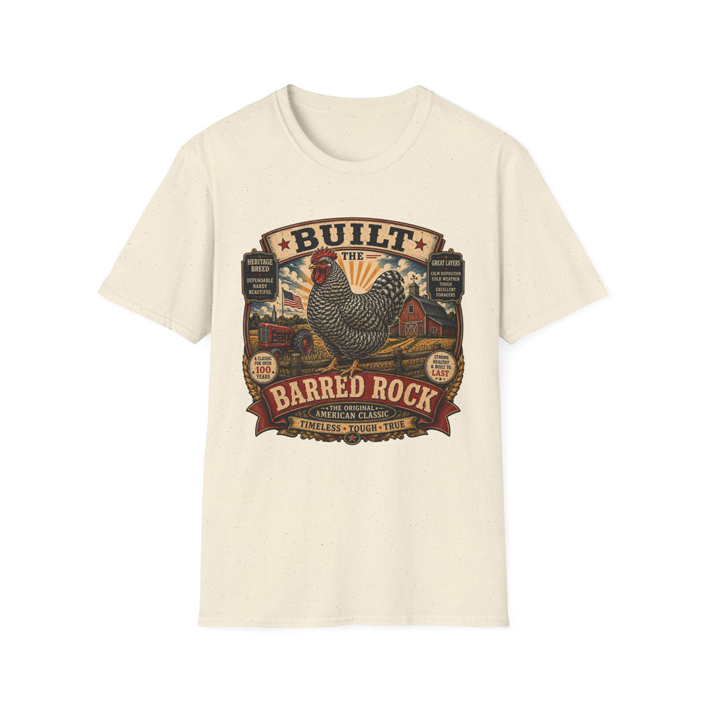 Barred Rock Rooster T-Shirt — "Built the Old Fashioned Way" Farm Vintage Tee