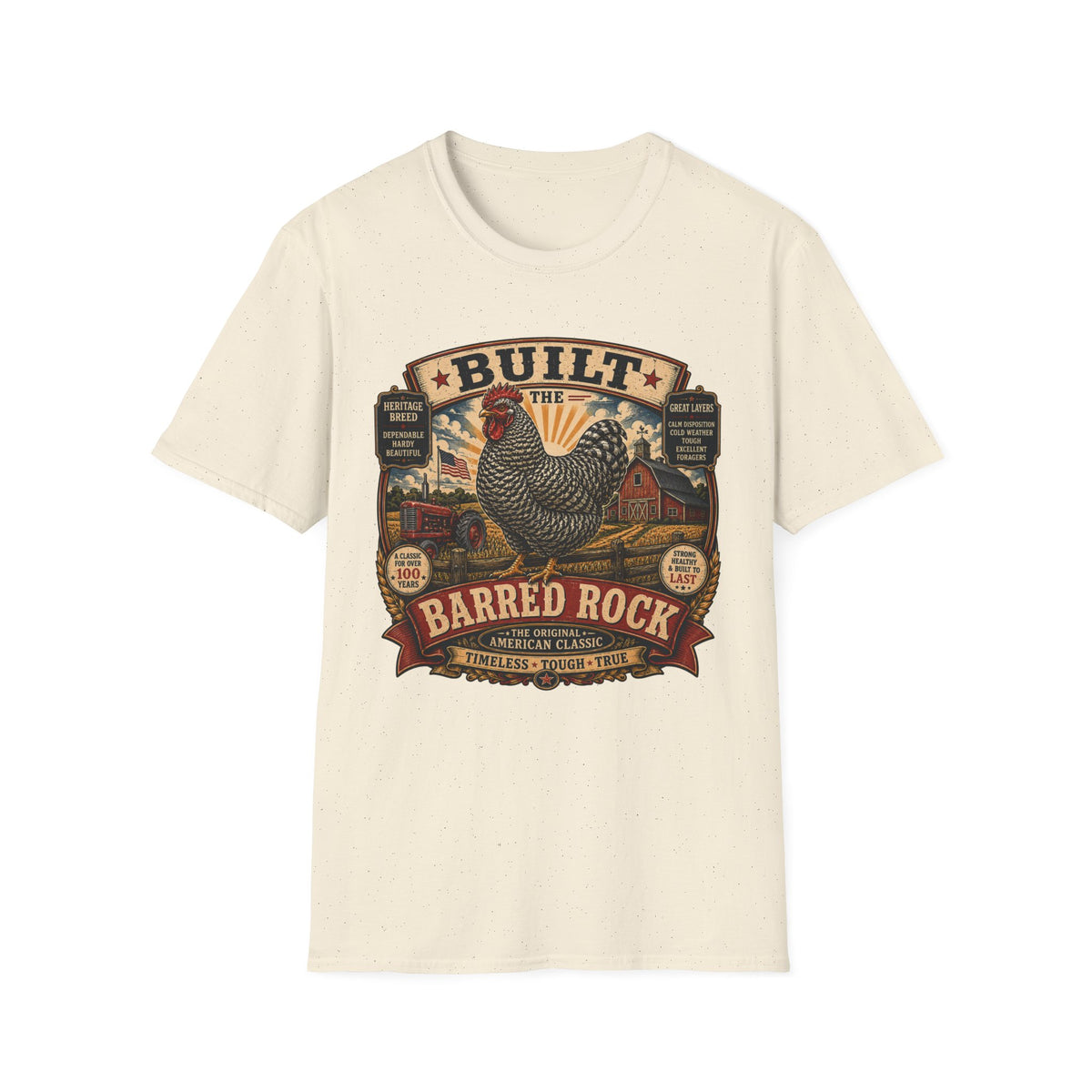Barred Rock Rooster T-Shirt — "Built the Old Fashioned Way" Farm Vintage Tee