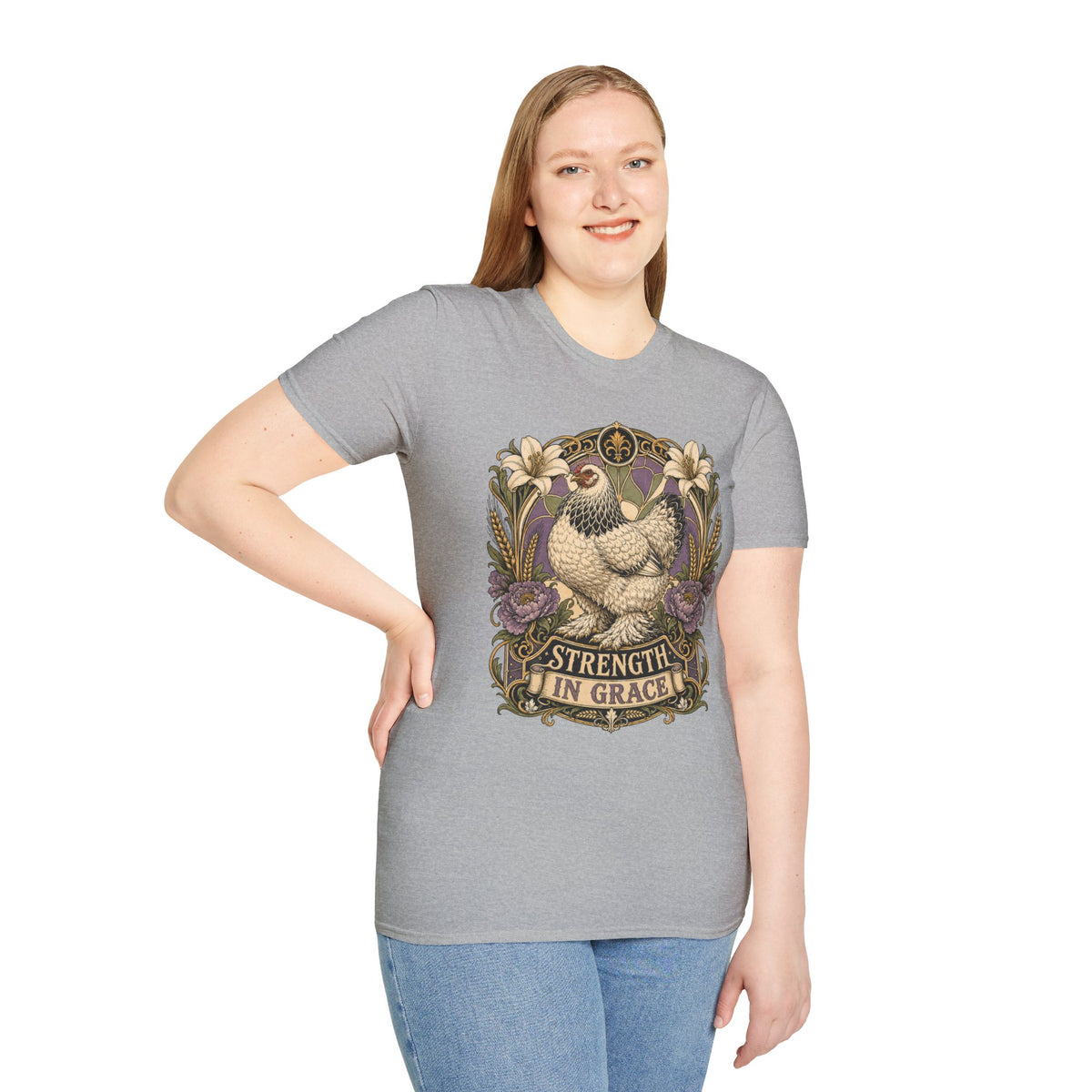 Strength in Grace Brahma Hen T-Shirt — Botanical Rooster Art Tee