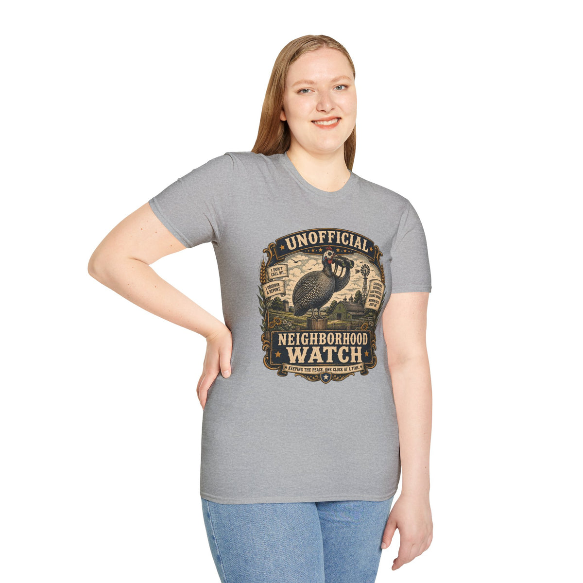 Unofficial Neighborhood Watch Guinea Fowl T-Shirt — Vintage Badge Farm Tee