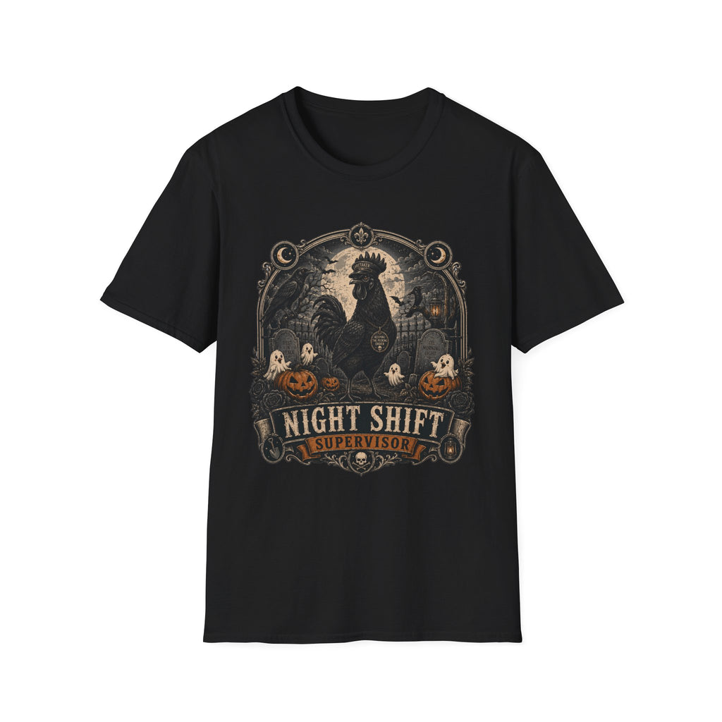 Night Shift Supervisor Ayam Cemani T-Shirt — Caretaker Rooster Graphic Tee
