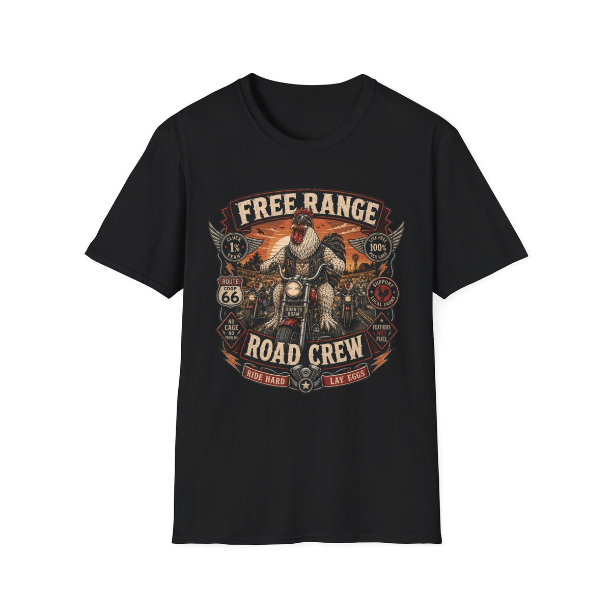 Free Range Road Crew Brahma T-Shirt — Biker Rooster Graphic Tee