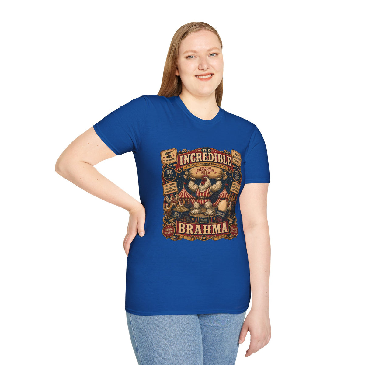 Incredible Feathered Strongman Brahma T-Shirt — Circus Poster Rooster Tee