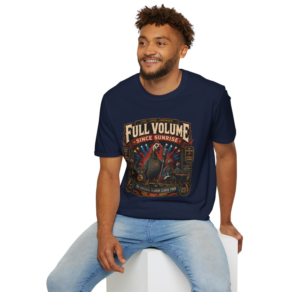 Full Volume Since Sunrise Guinea Fowl T-Shirt — Rock Concert Poultry Poster Tee