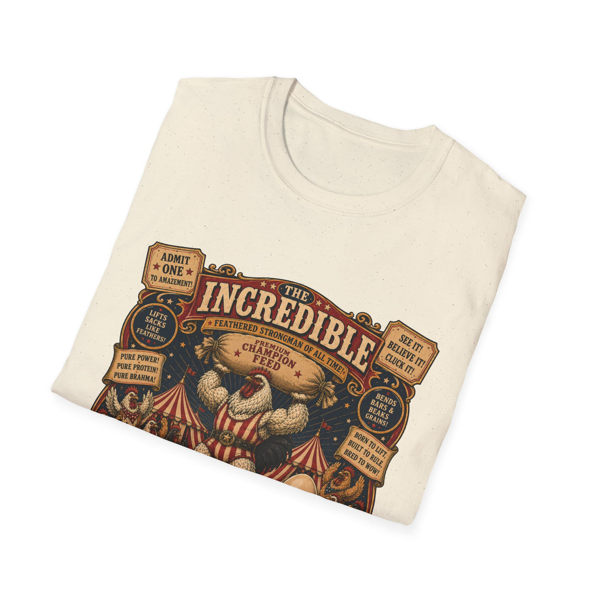 Incredible Feathered Strongman Brahma T-Shirt — Circus Poster Rooster Tee