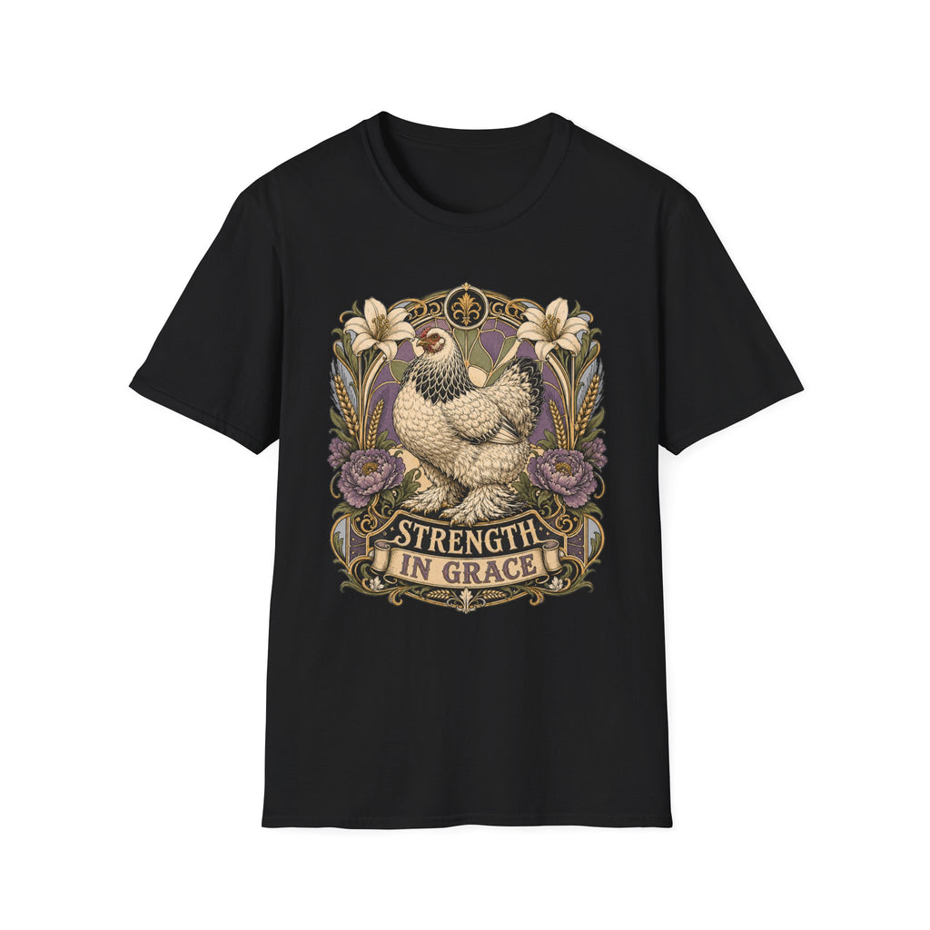 Strength in Grace Brahma Hen T-Shirt — Botanical Rooster Art Tee