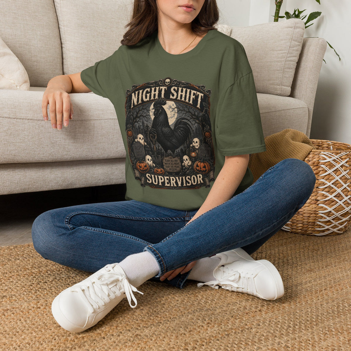Night Shift Supervisor Ayam Cemani T-Shirt — Graveyard Rooster Graphic Tee