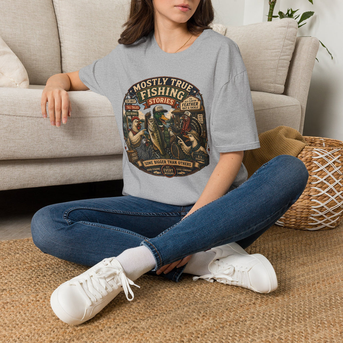 Fishing T-Shirt — "Mostly True Fishing Stories" Vintage Outdoor Tee