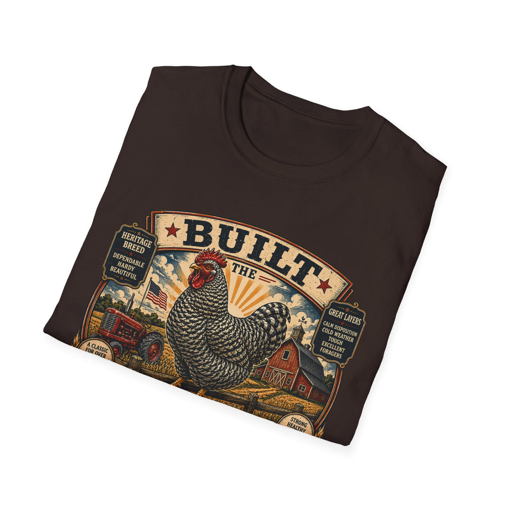 Barred Rock Rooster T-Shirt — "Built the Old Fashioned Way" Farm Vintage Tee