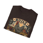 Barred Rock Rooster T-Shirt — "Built the Old Fashioned Way" Farm Vintage Tee