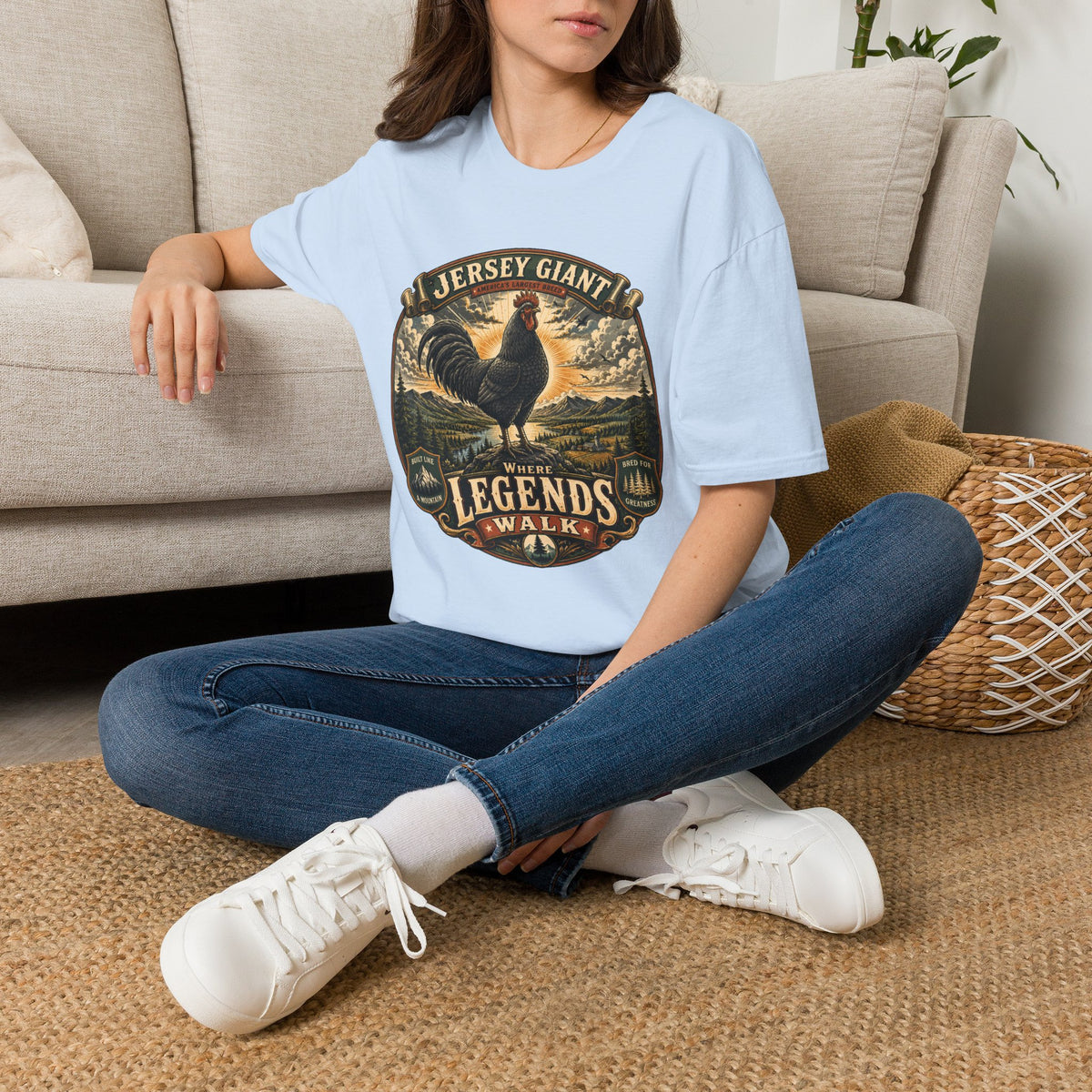 Jersey Giant Heritage Badge T-Shirt — America's Largest Breed Rooster Tee