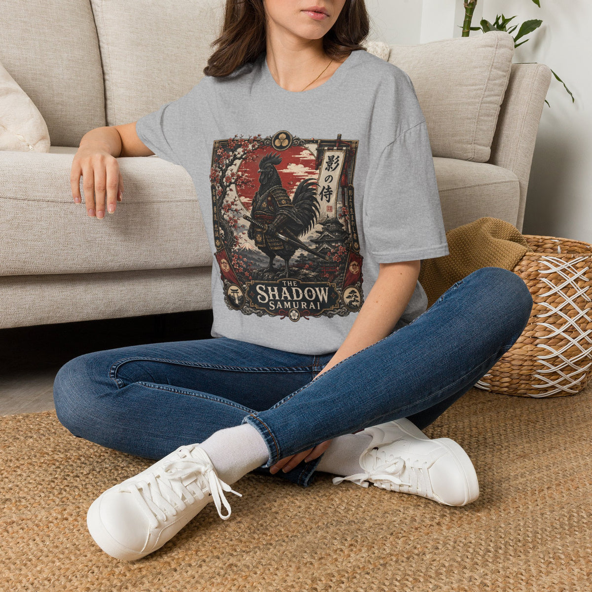 Shadow Samurai Ayam Cemani T-Shirt — Sunset Blossom Warrior Rooster Tee