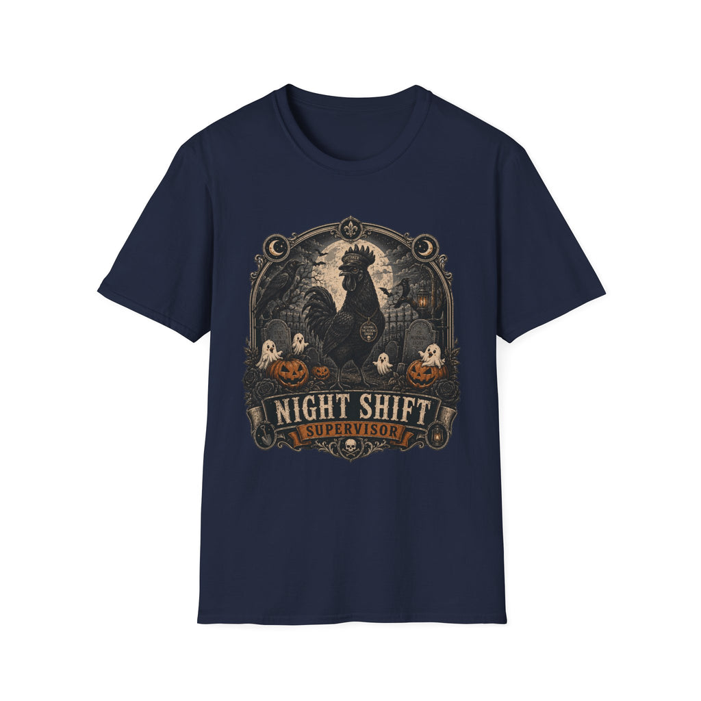 Night Shift Supervisor Ayam Cemani T-Shirt — Caretaker Rooster Graphic Tee