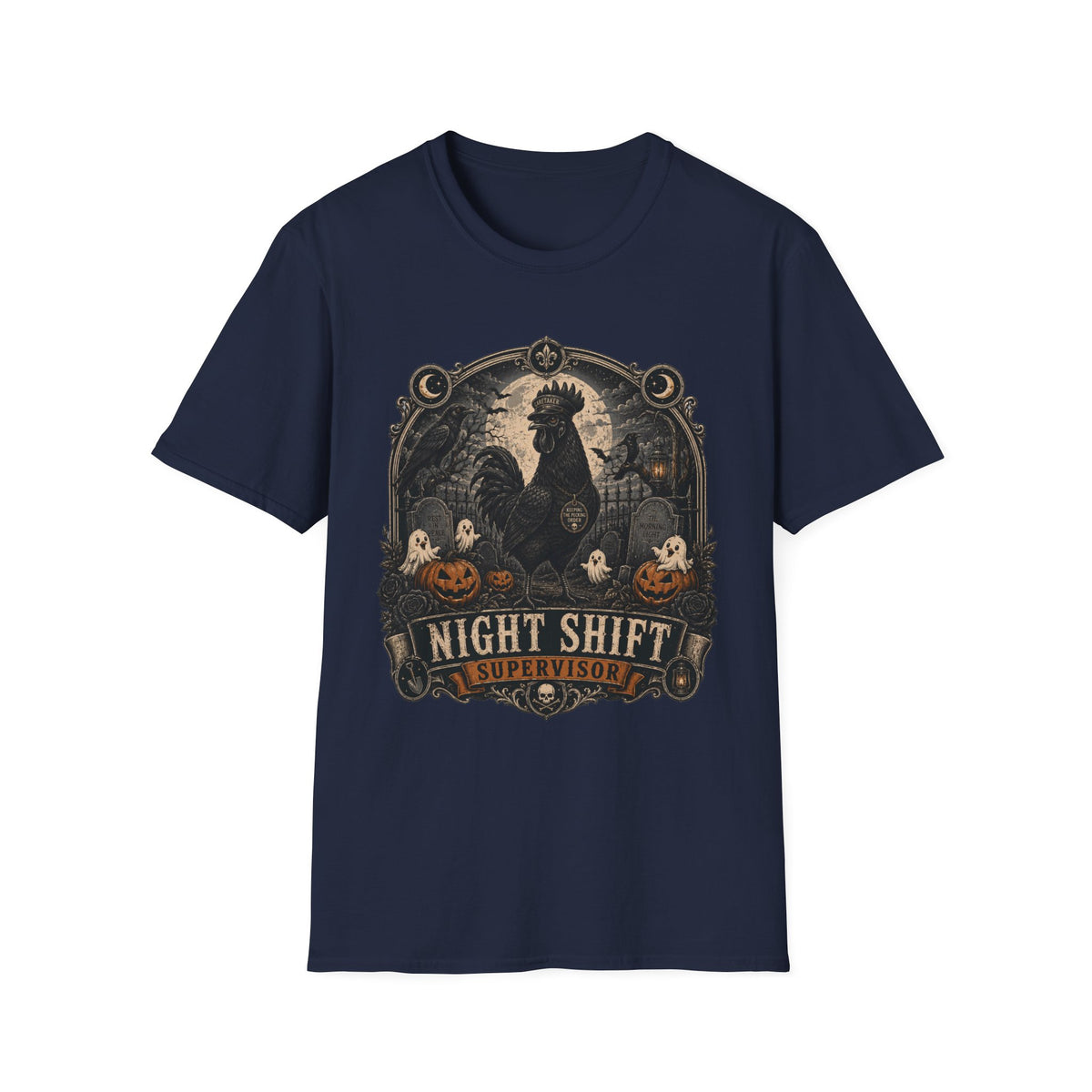 Night Shift Supervisor Ayam Cemani T-Shirt — Caretaker Rooster Graphic Tee