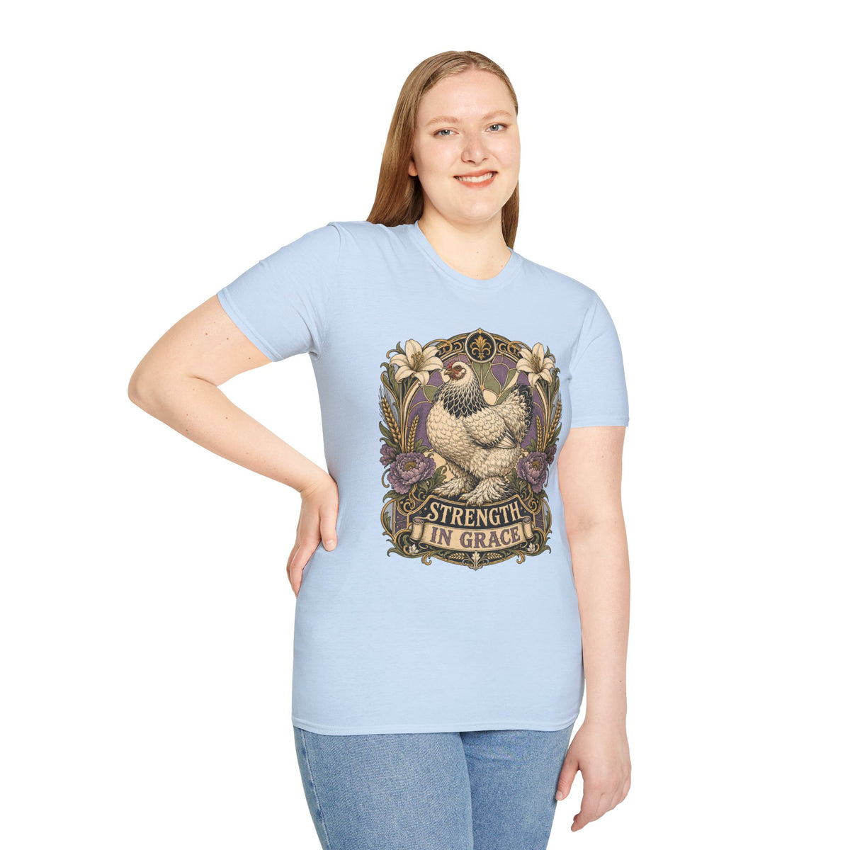 Strength in Grace Brahma Hen T-Shirt — Botanical Rooster Art Tee