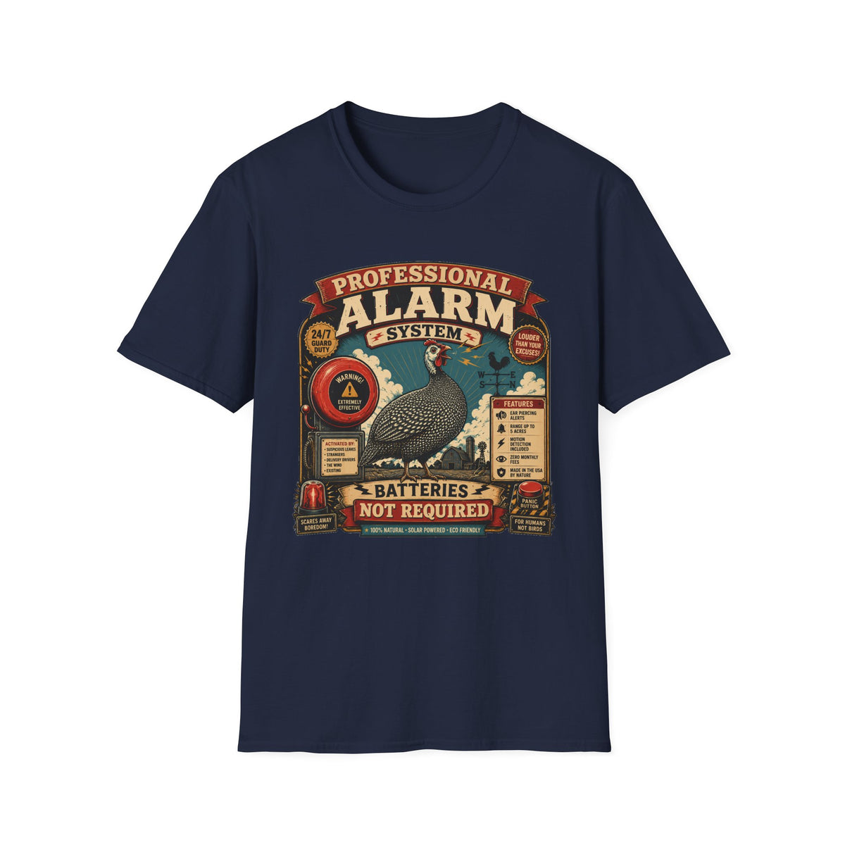 Professional Alarm System Guinea Fowl T-Shirt — Batteries Not Required Tee