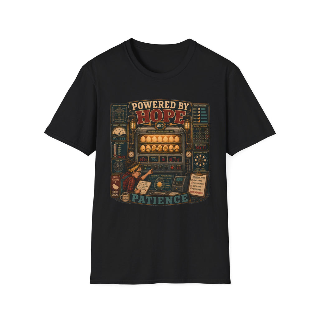 Powered by Hope and Patience T-Shirt — Funny Incubator Homestead Tee