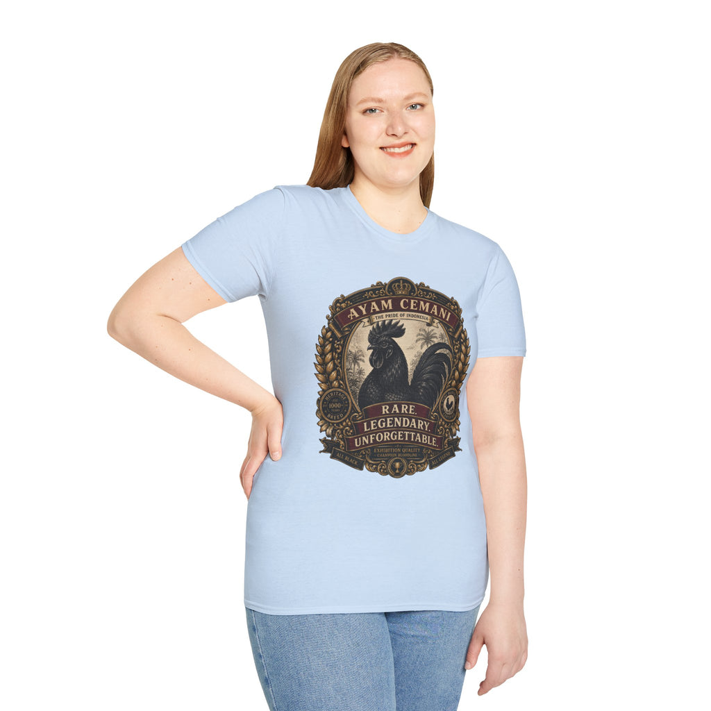 Ayam Cemani Heritage Badge T-Shirt — Rare All-Black Rooster Graphic Tee