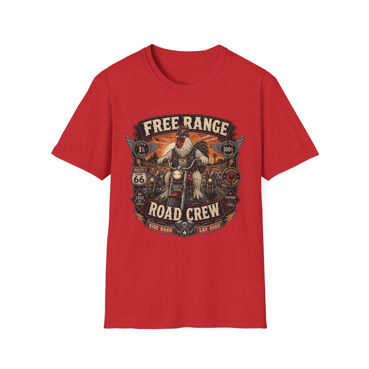 Free Range Road Crew Brahma T-Shirt — Biker Rooster Graphic Tee