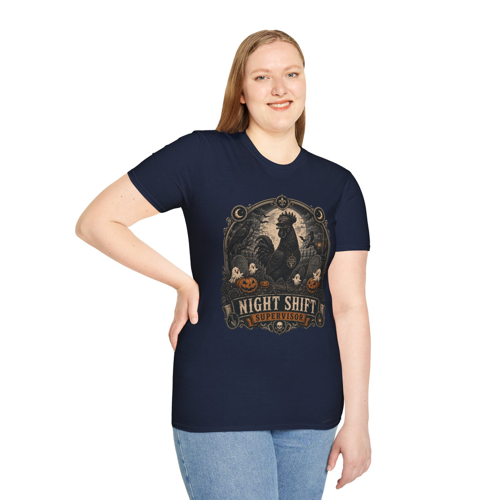 Night Shift Supervisor Ayam Cemani T-Shirt — Caretaker Rooster Graphic Tee
